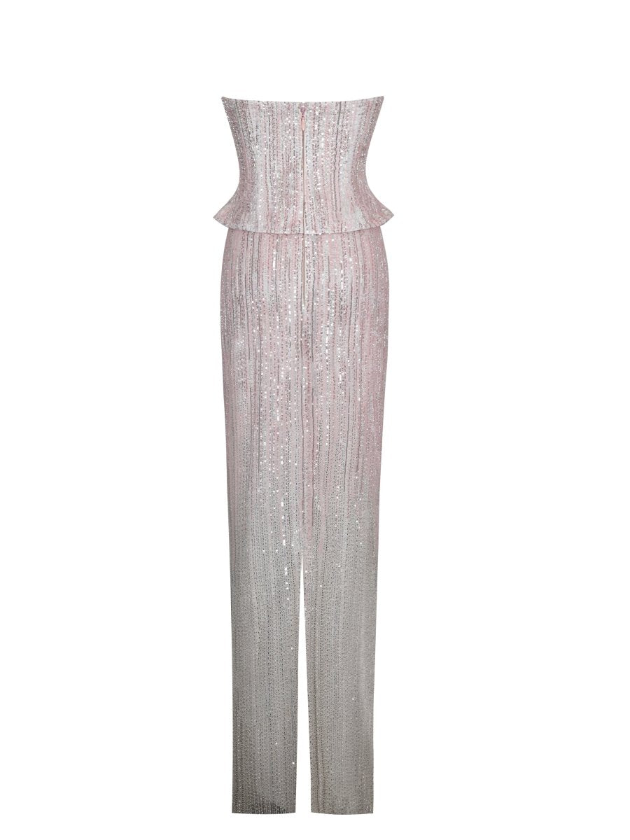 Tosca Beaded Blush Gradient Strapless Peplum Maxi Dress - HOUSE OF SHE