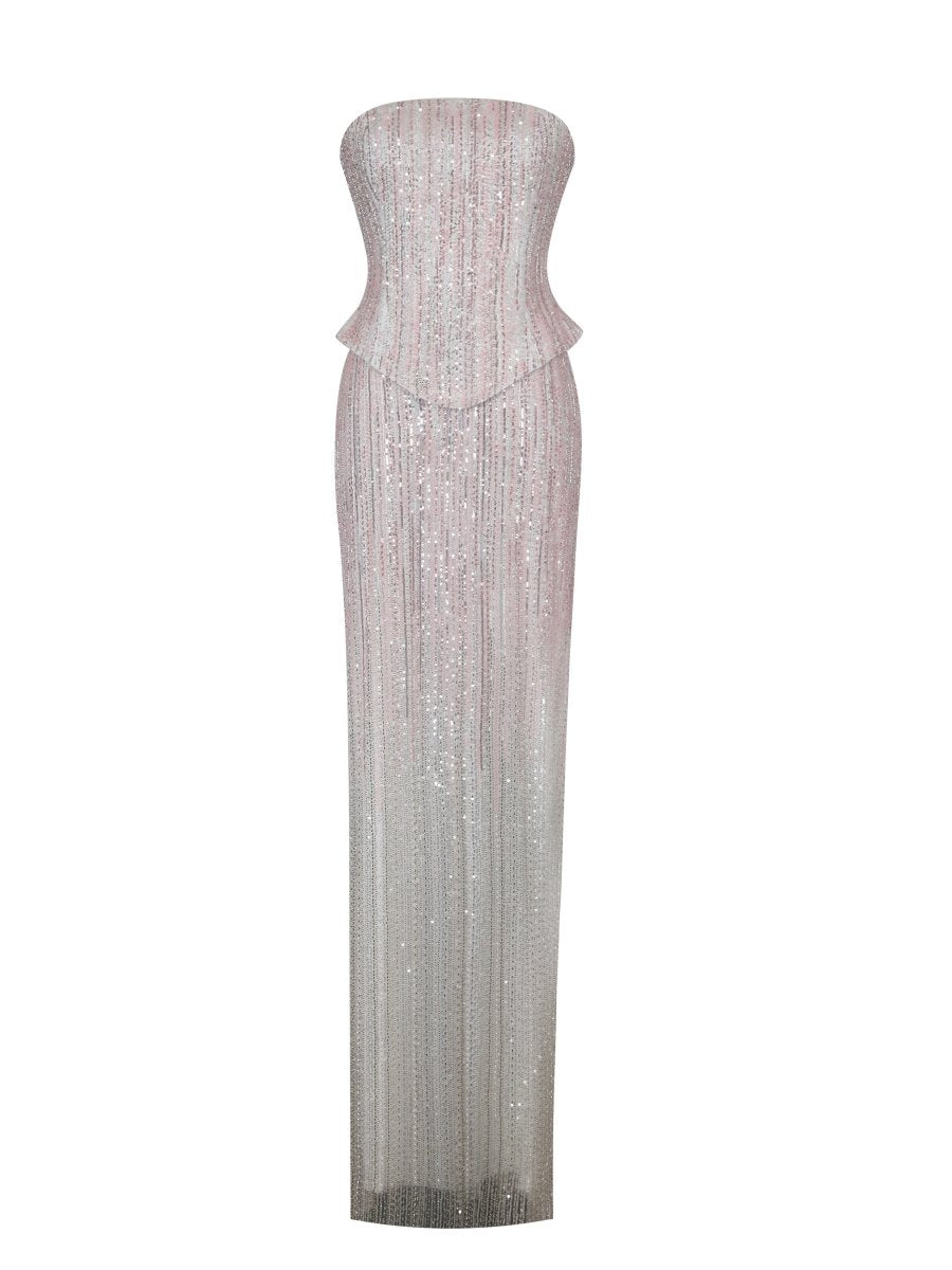 Tosca Beaded Blush Gradient Strapless Peplum Maxi Dress - HOUSE OF SHE