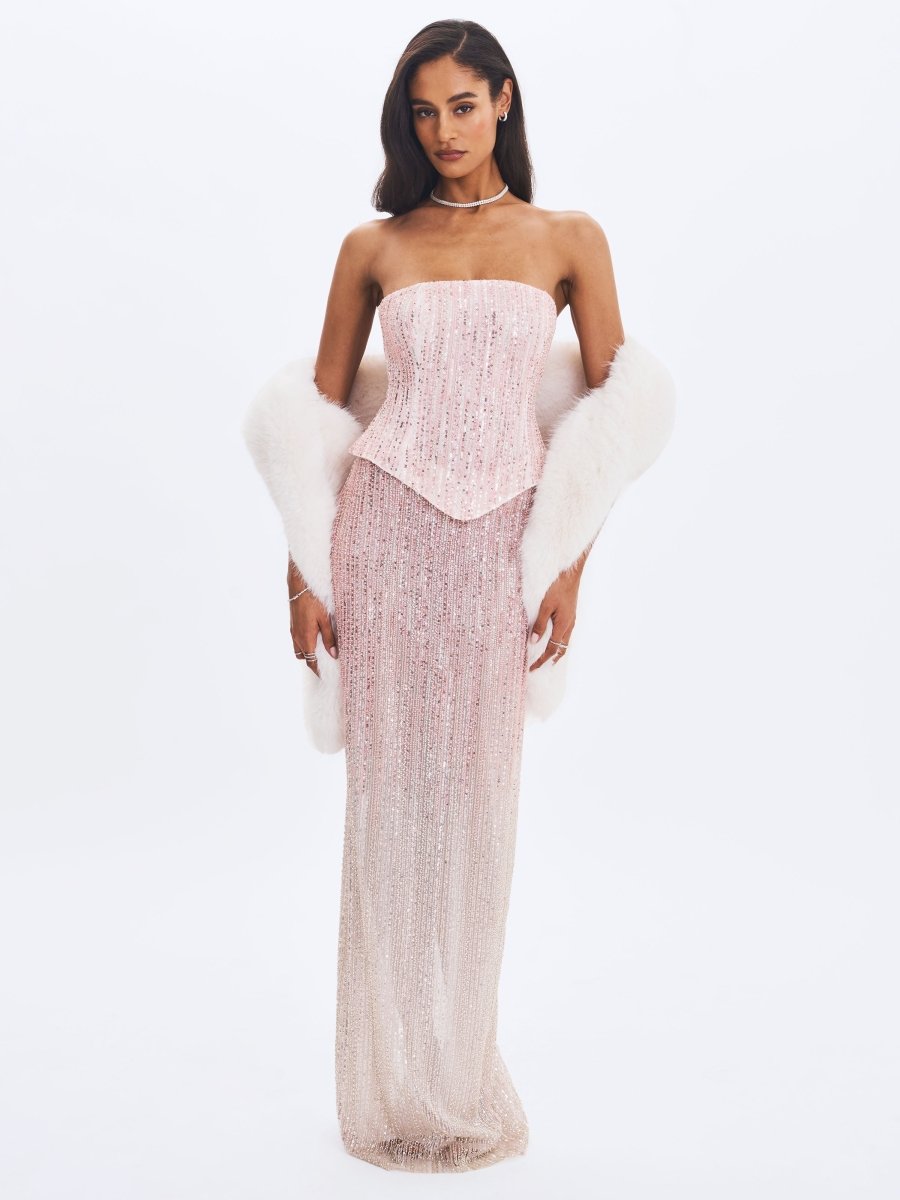 Tosca Beaded Blush Gradient Strapless Peplum Maxi Dress - HOUSE OF SHE
