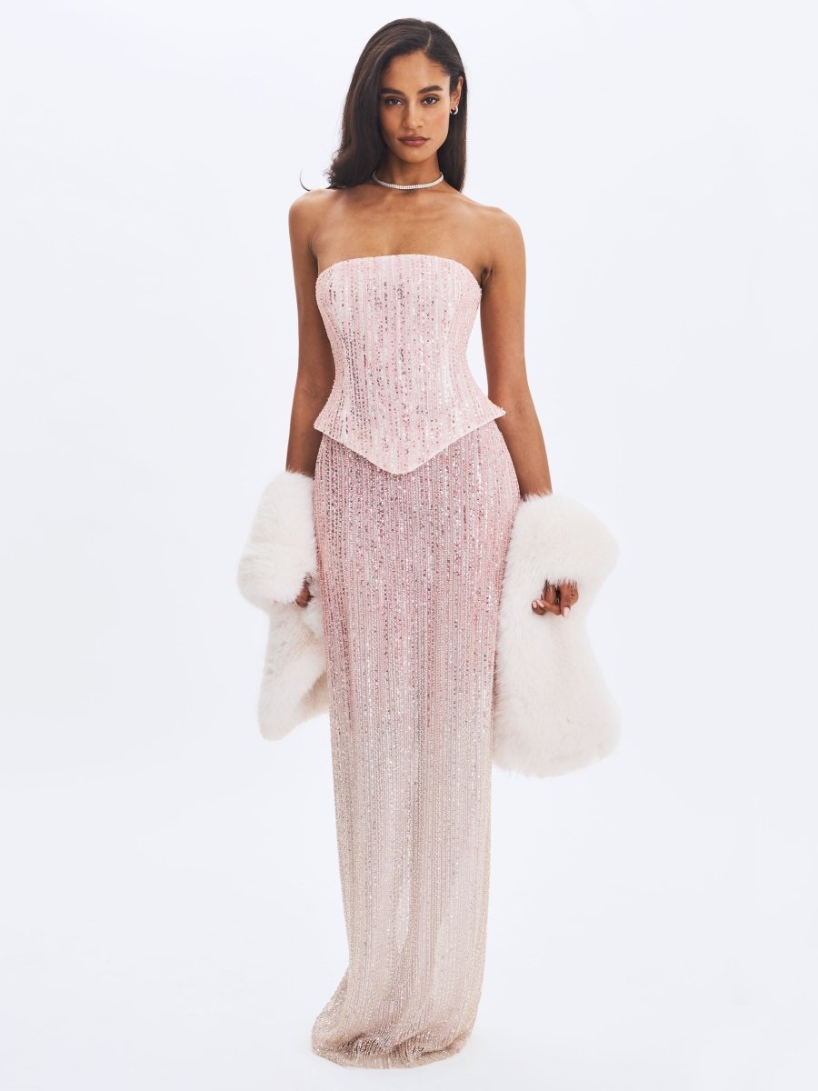 Tosca Beaded Blush Gradient Strapless Peplum Maxi Dress - HOUSE OF SHE