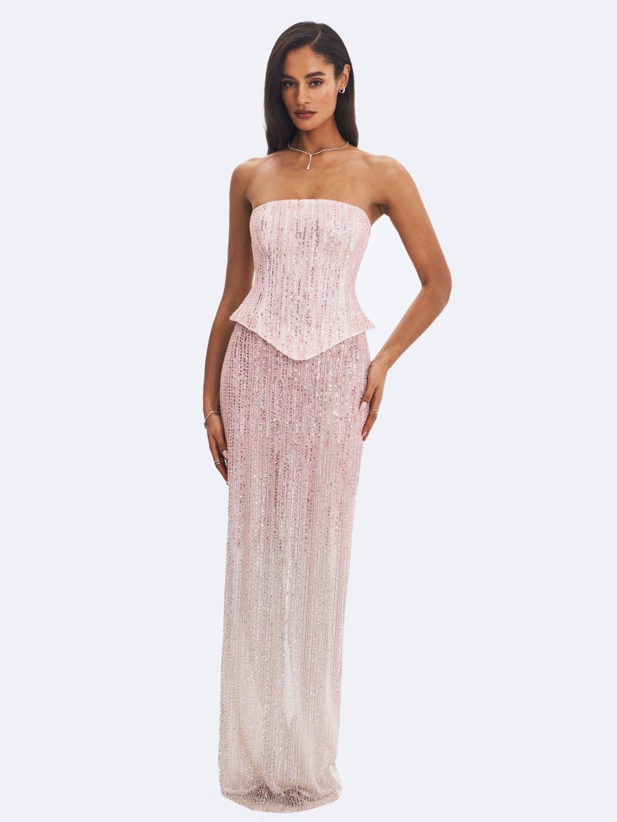 Tosca Beaded Blush Gradient Strapless Peplum Maxi Dress - HOUSE OF SHE