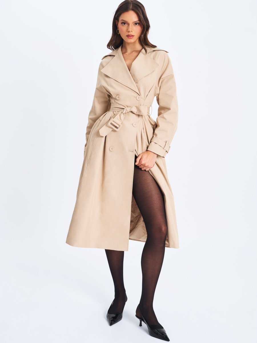Ulila Beige Double - Breasted Pleated Cotton - Blend Trench Coat - HOUSE OF SHE