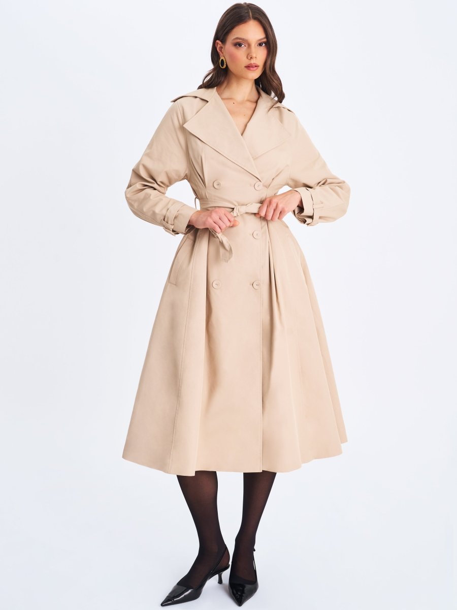Ulila Beige Double - Breasted Pleated Cotton - Blend Trench Coat - HOUSE OF SHE