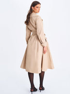 Ulila Beige Double - Breasted Pleated Cotton - Blend Trench Coat - HOUSE OF SHE