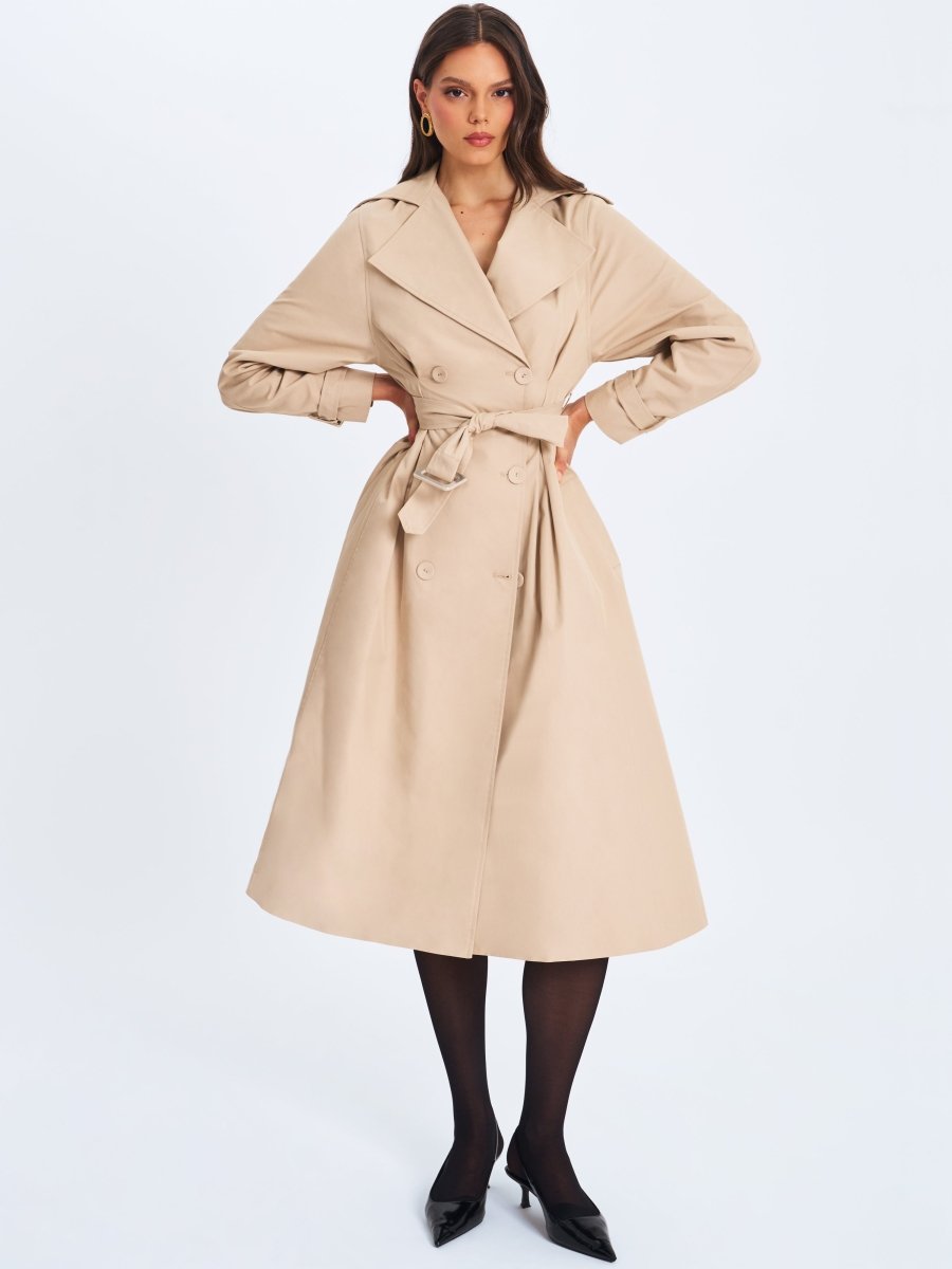 Ulila Beige Double - Breasted Pleated Cotton - Blend Trench Coat - HOUSE OF SHE