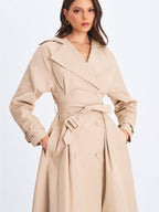Ulila Beige Double - Breasted Pleated Cotton - Blend Trench Coat - HOUSE OF SHE