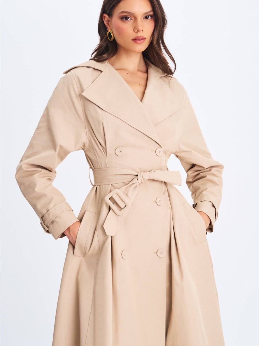 Ulila Beige Double - Breasted Pleated Cotton - Blend Trench Coat - HOUSE OF SHE