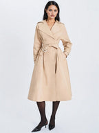 Ulila Beige Double - Breasted Pleated Cotton - Blend Trench Coat - HOUSE OF SHE