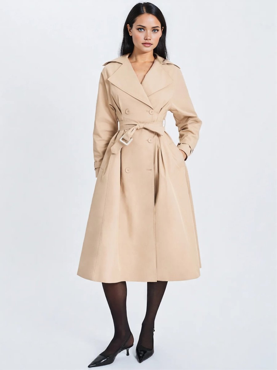 Ulila Beige Double - Breasted Pleated Cotton - Blend Trench Coat - HOUSE OF SHE