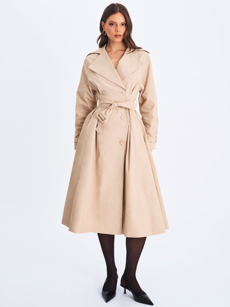 Ulila Beige Double - Breasted Pleated Cotton - Blend Trench Coat - HOUSE OF SHE