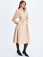 Ulila Beige Double - Breasted Pleated Cotton - Blend Trench Coat - HOUSE OF SHE