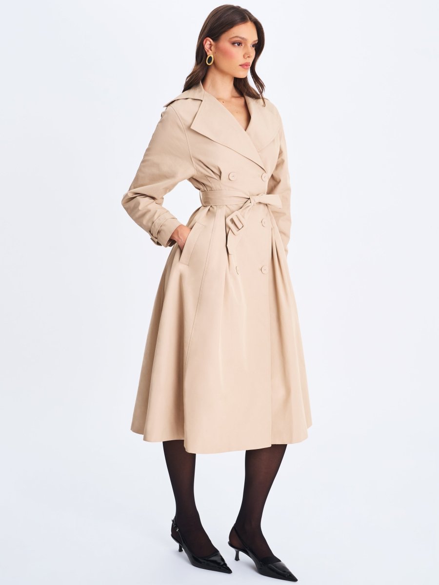 Ulila Beige Double - Breasted Pleated Cotton - Blend Trench Coat - HOUSE OF SHE
