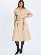 Ulila Beige Double - Breasted Pleated Cotton - Blend Trench Coat - HOUSE OF SHE