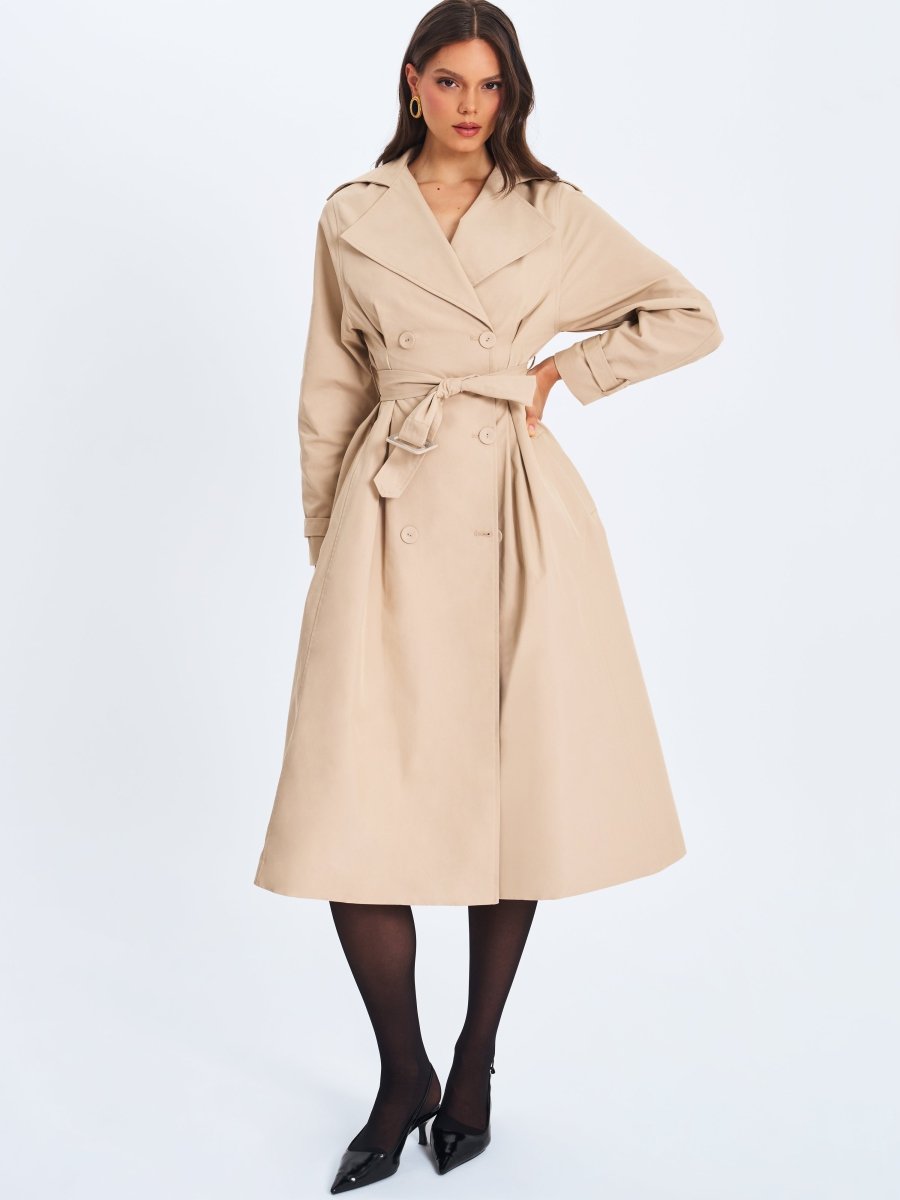 Ulila Beige Double - Breasted Pleated Cotton - Blend Trench Coat - HOUSE OF SHE