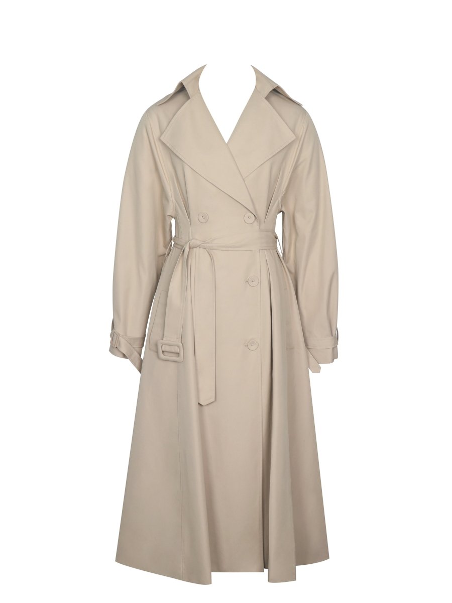 Ulila Beige Double - Breasted Pleated Cotton - Blend Trench Coat - HOUSE OF SHE