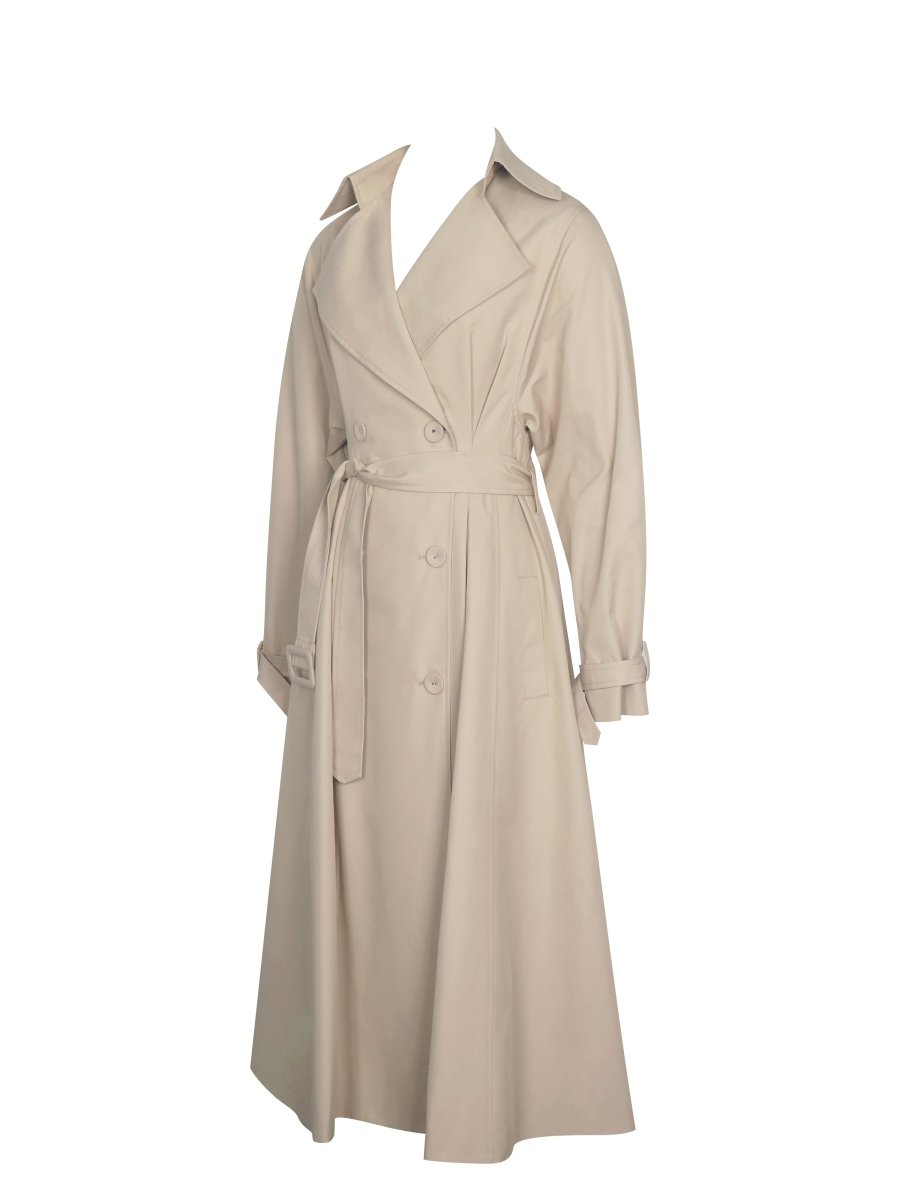 Ulila Beige Double - Breasted Pleated Cotton - Blend Trench Coat - HOUSE OF SHE