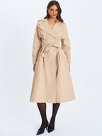 Ulila Beige Double - Breasted Pleated Cotton - Blend Trench Coat - HOUSE OF SHE