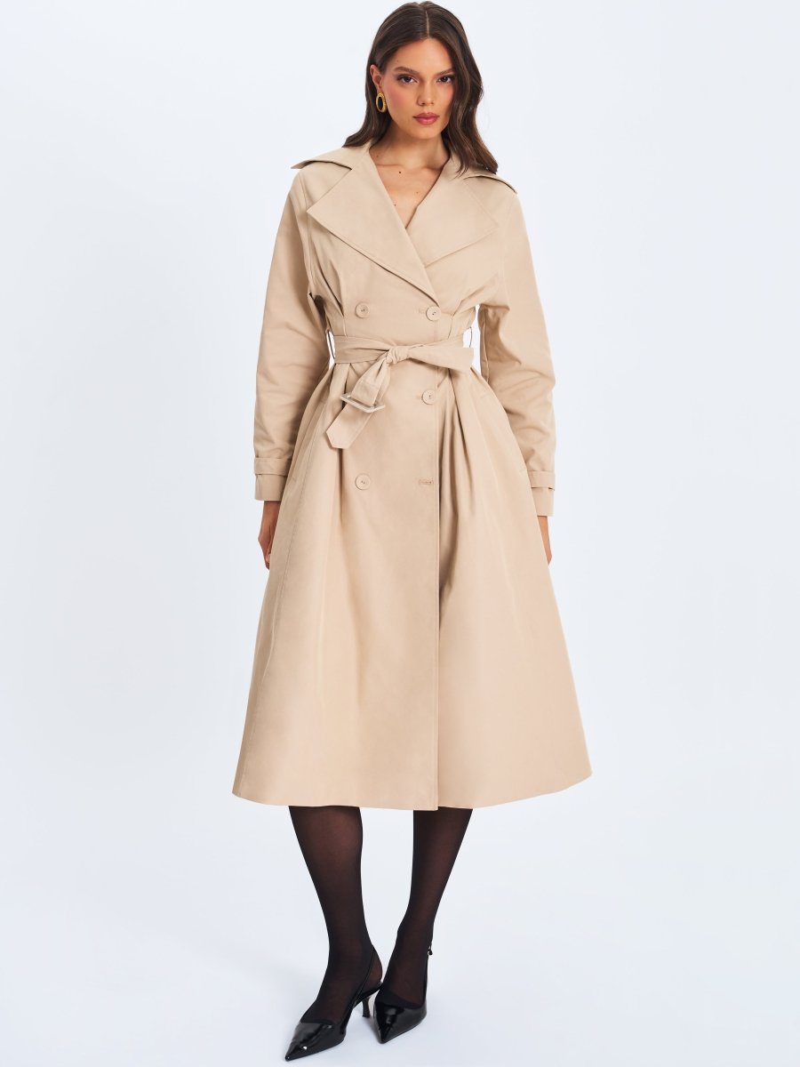 Ulila Beige Double - Breasted Pleated Cotton - Blend Trench Coat - HOUSE OF SHE