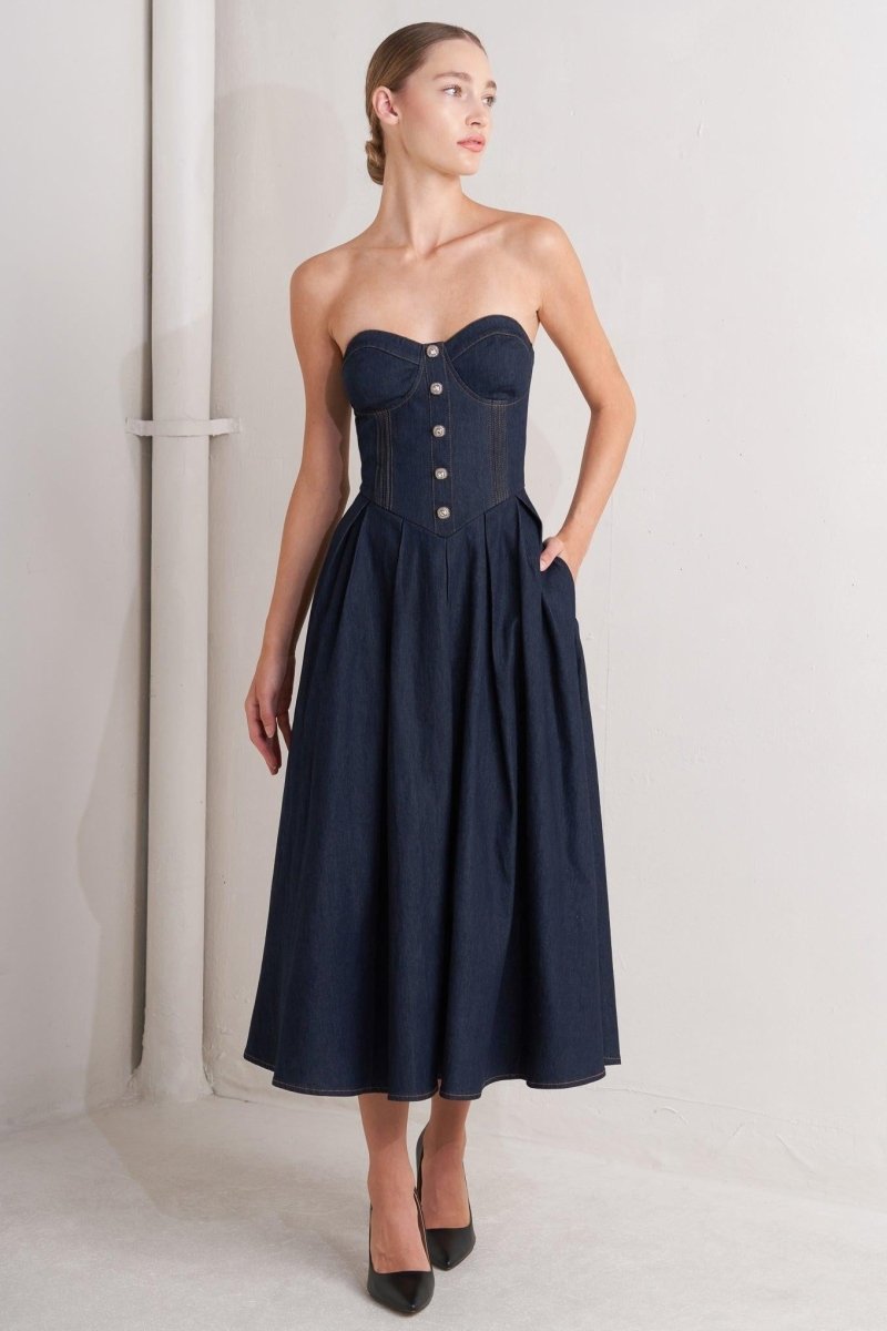 URBAN CORSET DENIM MIDI DRESS - HOUSE OF SHE