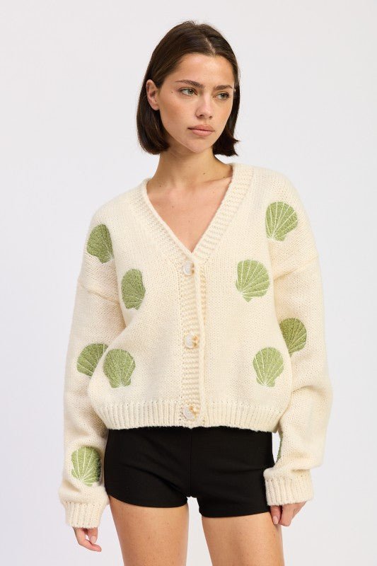 V NECK BUTTON FRONT APPLIQUE CARDIGAN - HOUSE OF SHE