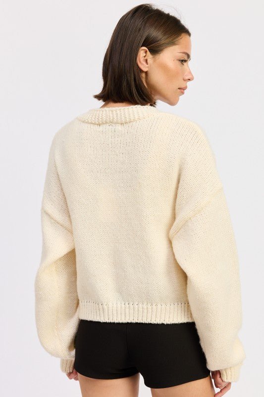 V NECK BUTTON FRONT APPLIQUE CARDIGAN - HOUSE OF SHE