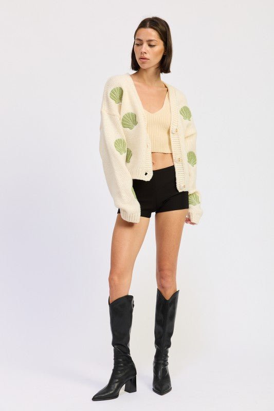 V NECK BUTTON FRONT APPLIQUE CARDIGAN - HOUSE OF SHE