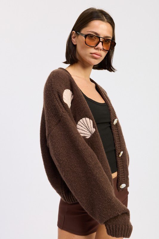 V NECK BUTTON FRONT APPLIQUE CARDIGAN - HOUSE OF SHE