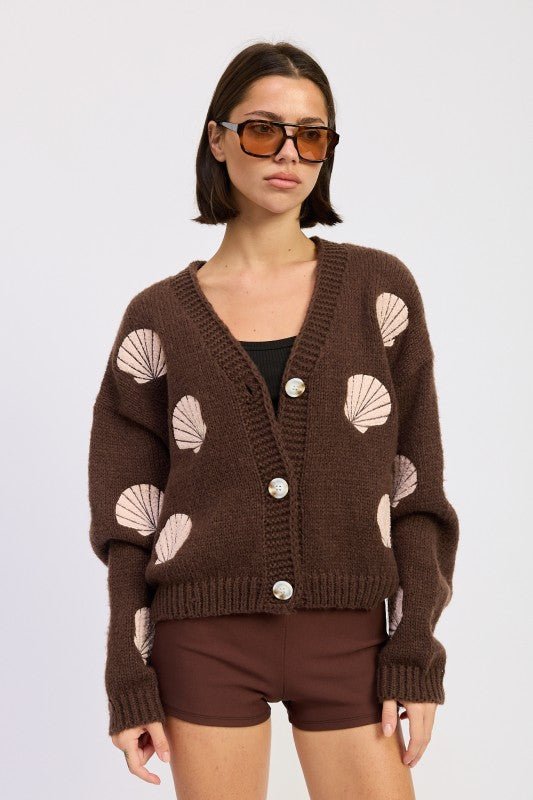 V NECK BUTTON FRONT APPLIQUE CARDIGAN - HOUSE OF SHE