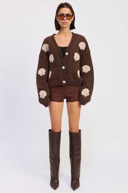 V NECK BUTTON FRONT APPLIQUE CARDIGAN - HOUSE OF SHE
