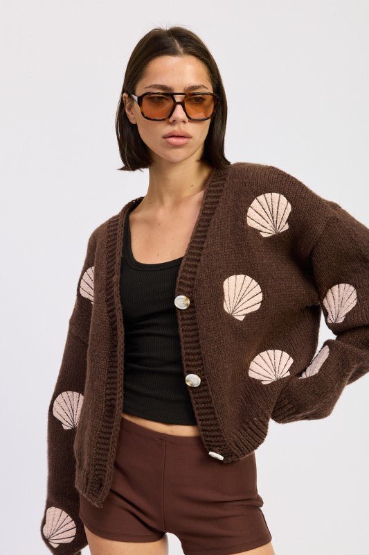 V NECK BUTTON FRONT APPLIQUE CARDIGAN - HOUSE OF SHE