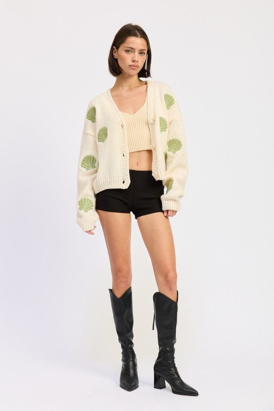 V NECK BUTTON FRONT APPLIQUE CARDIGAN - HOUSE OF SHE