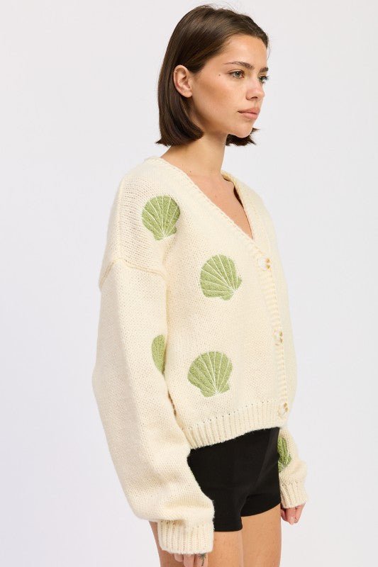 V NECK BUTTON FRONT APPLIQUE CARDIGAN - HOUSE OF SHE