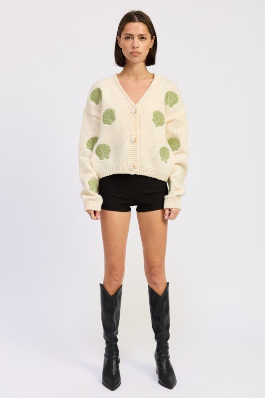 V NECK BUTTON FRONT APPLIQUE CARDIGAN - HOUSE OF SHE