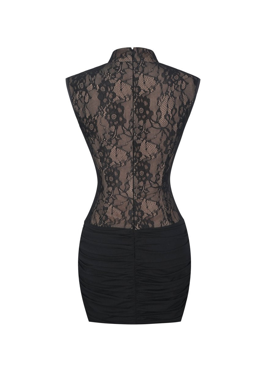 Valerie Black Lace Teardrop Neckline Ruched Mini Dress - HOUSE OF SHE