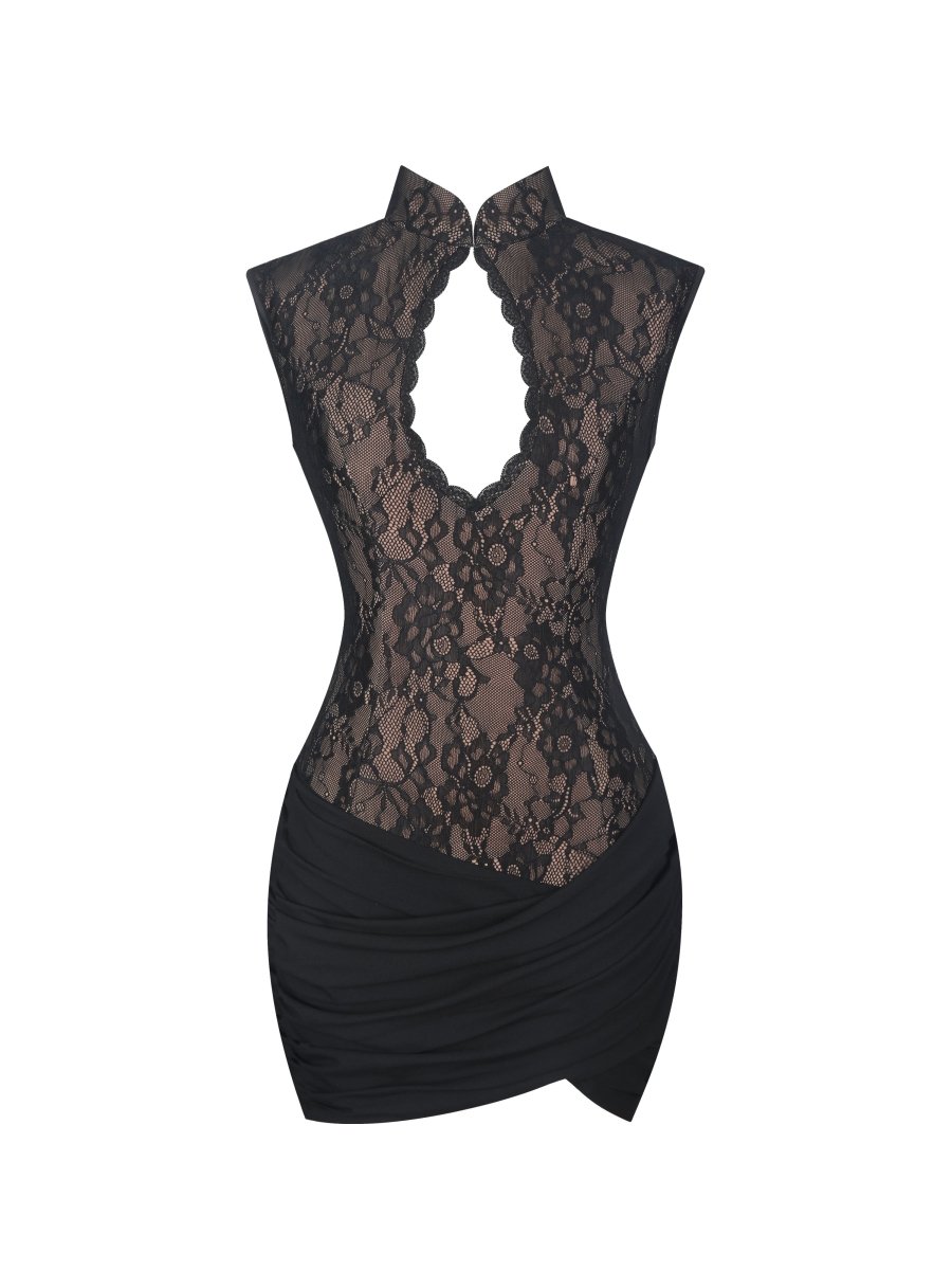 Valerie Black Lace Teardrop Neckline Ruched Mini Dress - HOUSE OF SHE