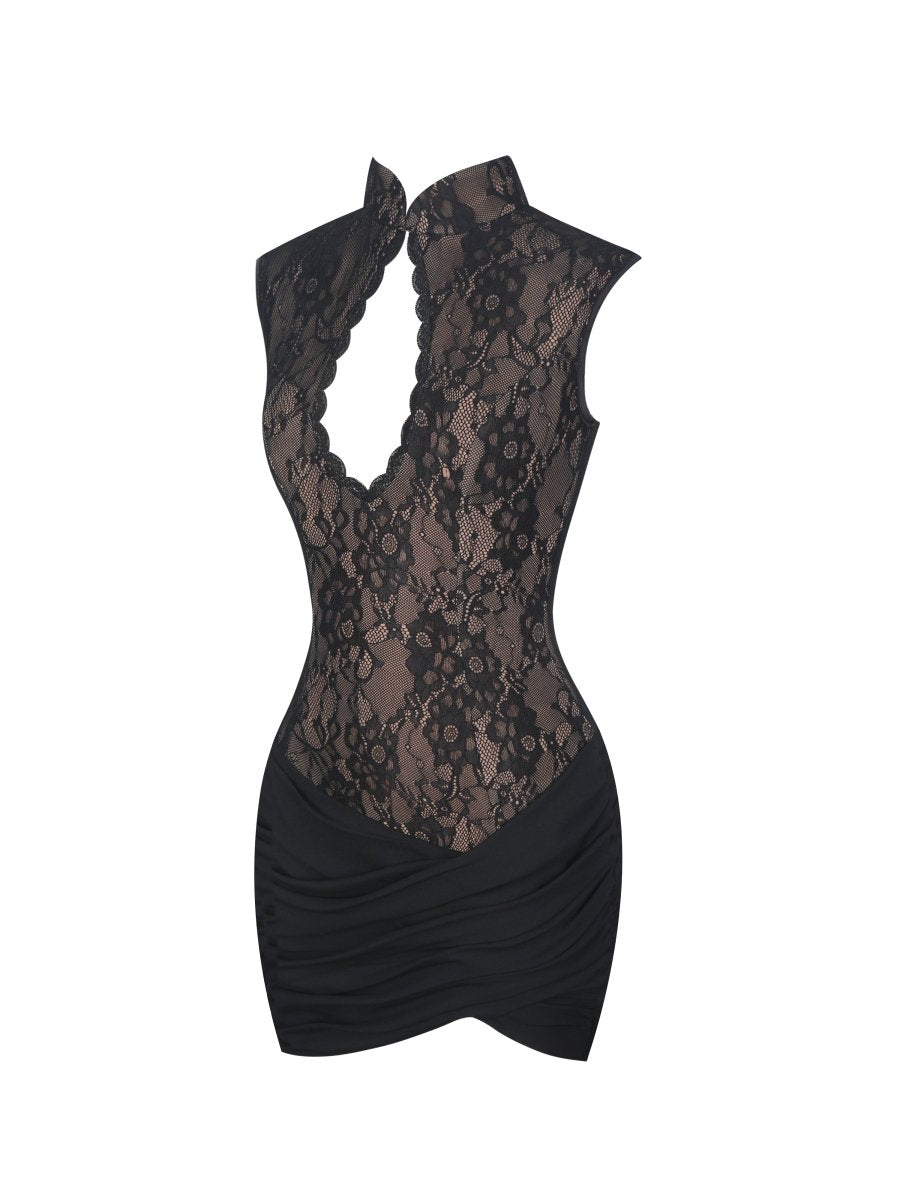 Valerie Black Lace Teardrop Neckline Ruched Mini Dress - HOUSE OF SHE