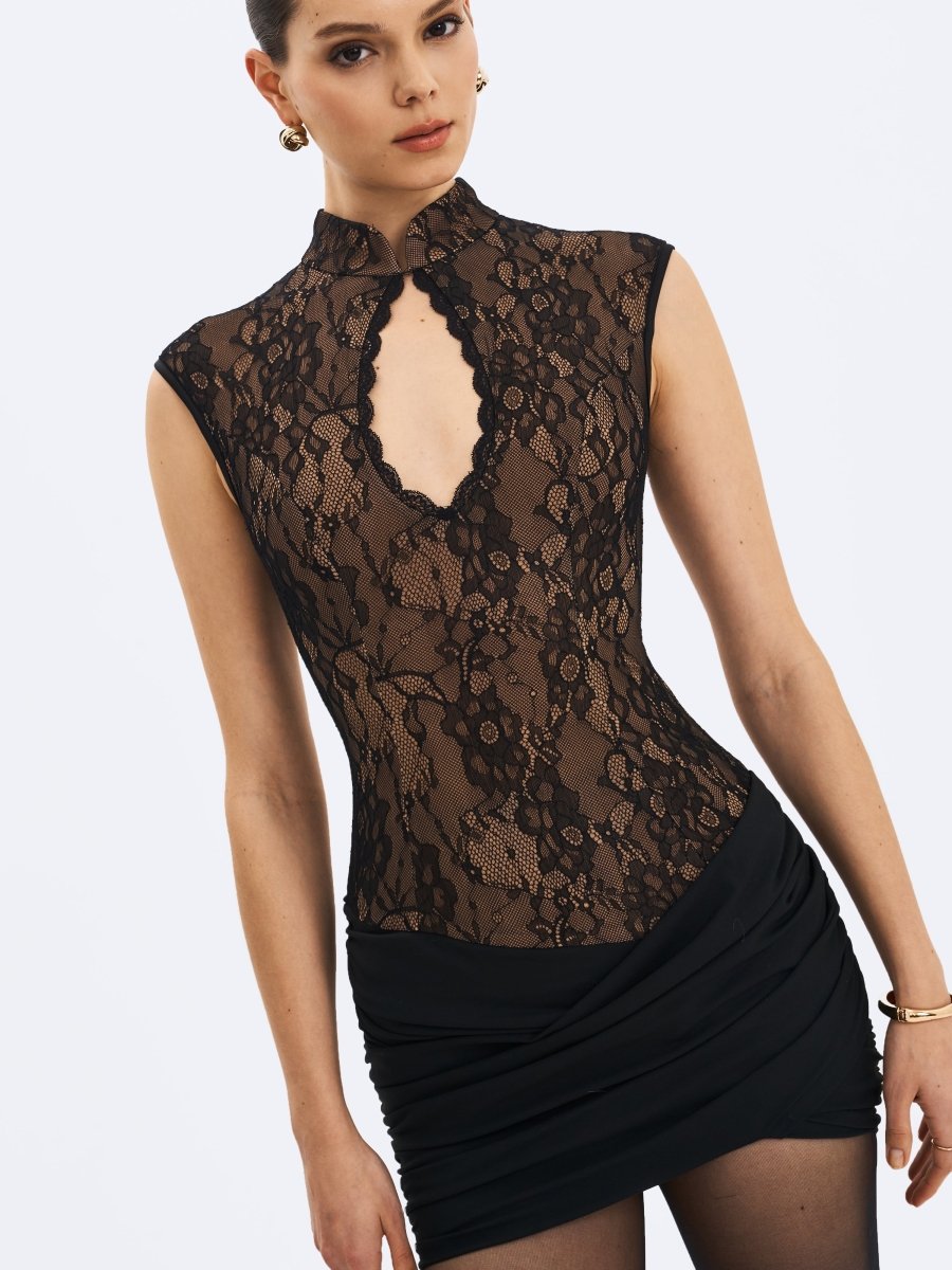 Valerie Black Lace Teardrop Neckline Ruched Mini Dress - HOUSE OF SHE