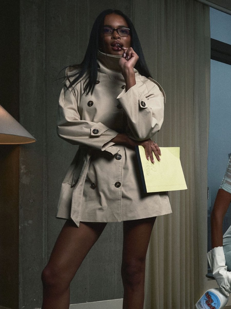 Vanetta Tan High Collar Double - Breasted Trench Mini Coat - HOUSE OF SHE