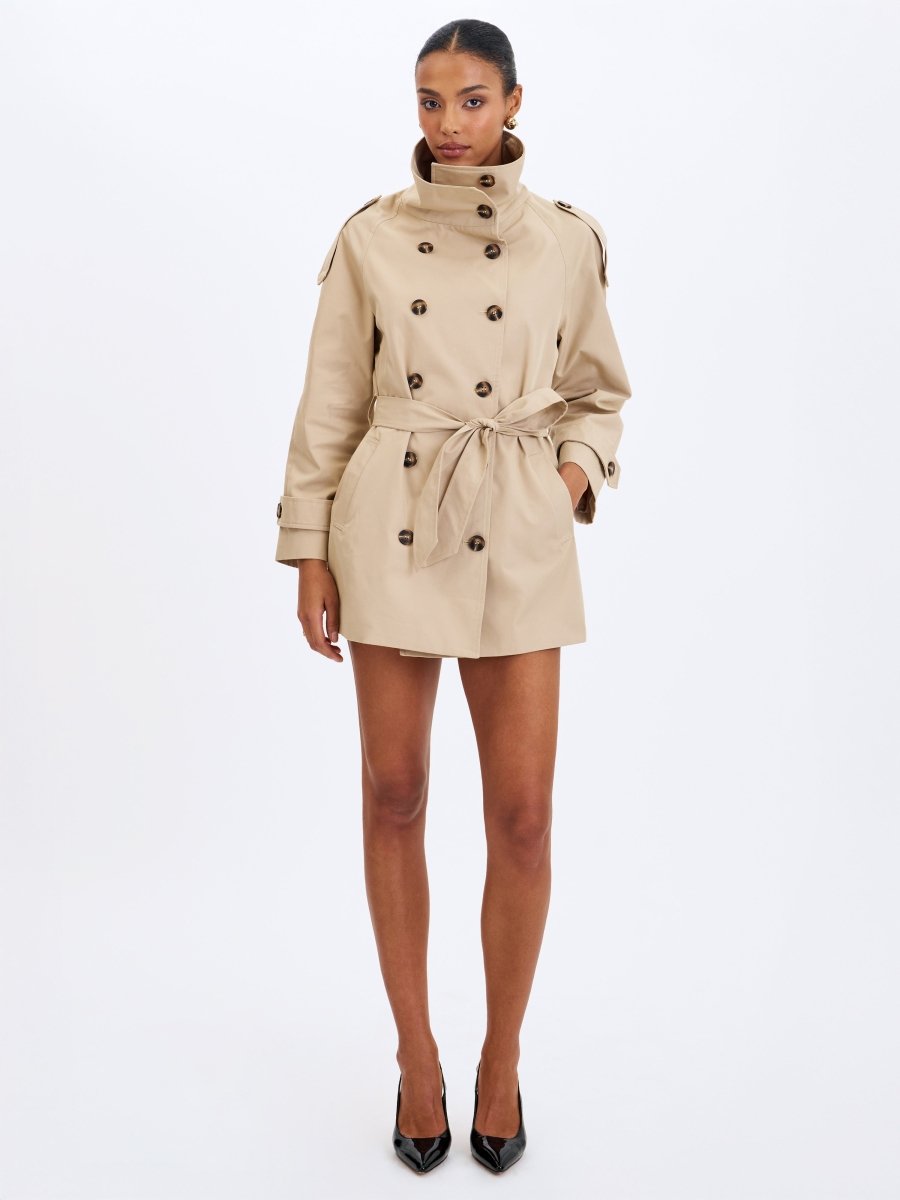 Vanetta Tan High Collar Double - Breasted Trench Mini Coat - HOUSE OF SHE