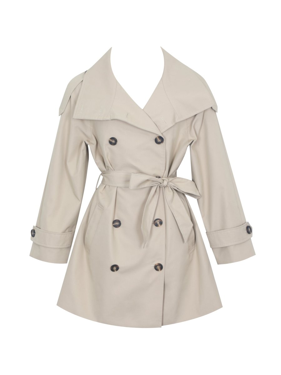 Vanetta Tan High Collar Double - Breasted Trench Mini Coat - HOUSE OF SHE