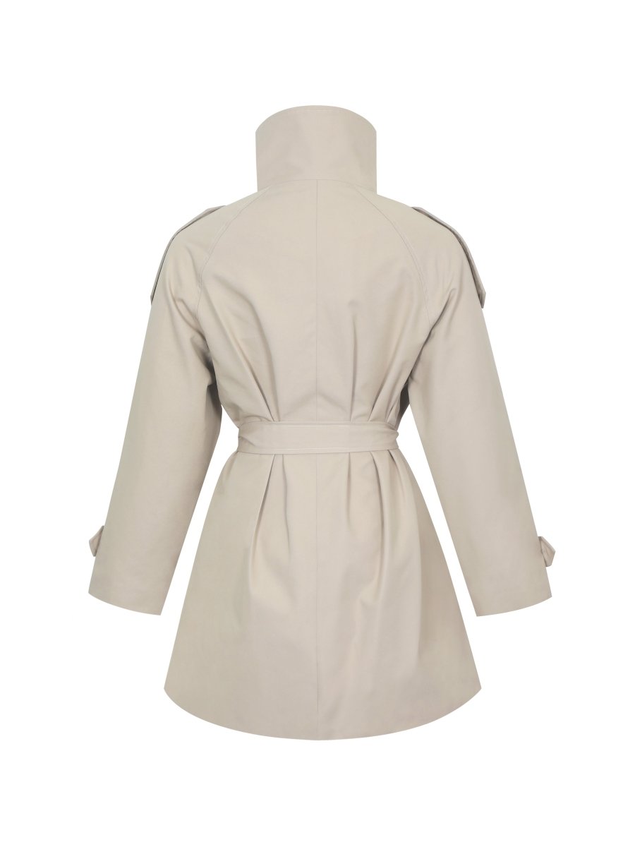 Vanetta Tan High Collar Double - Breasted Trench Mini Coat - HOUSE OF SHE