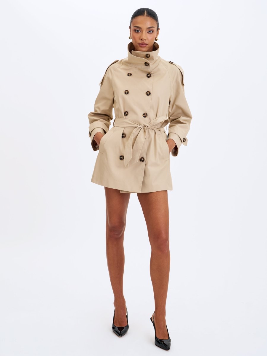 Vanetta Tan High Collar Double - Breasted Trench Mini Coat - HOUSE OF SHE
