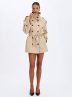Vanetta Tan High Collar Double - Breasted Trench Mini Coat - HOUSE OF SHE
