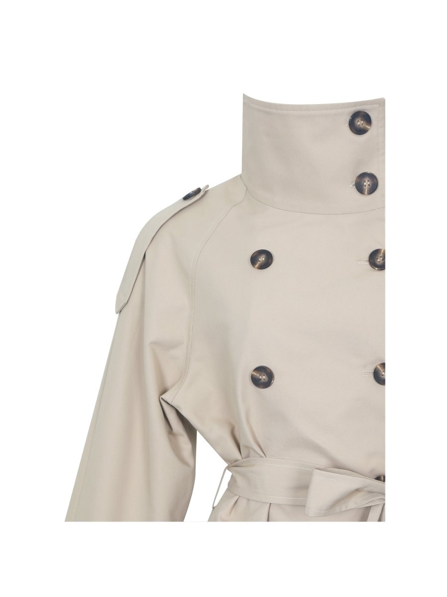 Vanetta Tan High Collar Double - Breasted Trench Mini Coat - HOUSE OF SHE