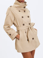 Vanetta Tan High Collar Double - Breasted Trench Mini Coat - HOUSE OF SHE
