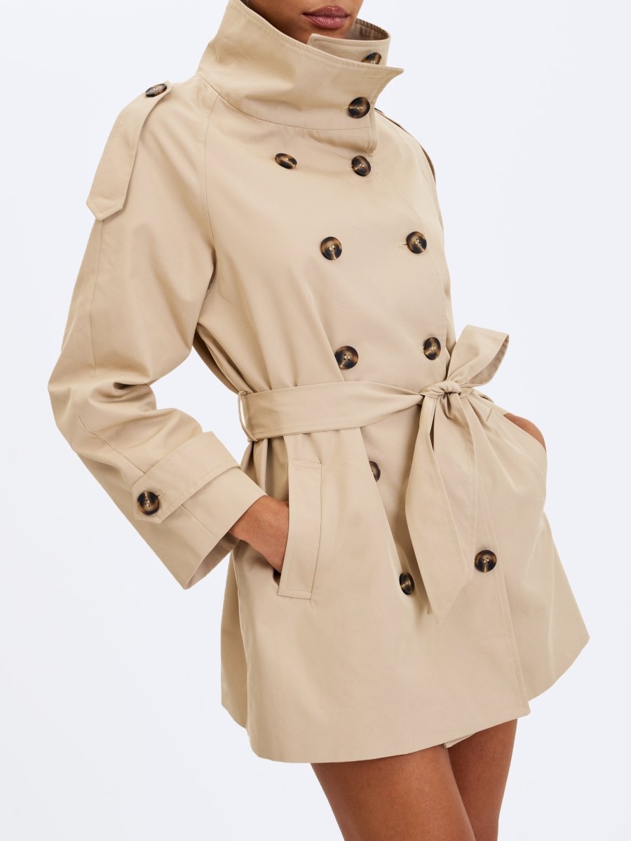 Vanetta Tan High Collar Double - Breasted Trench Mini Coat - HOUSE OF SHE