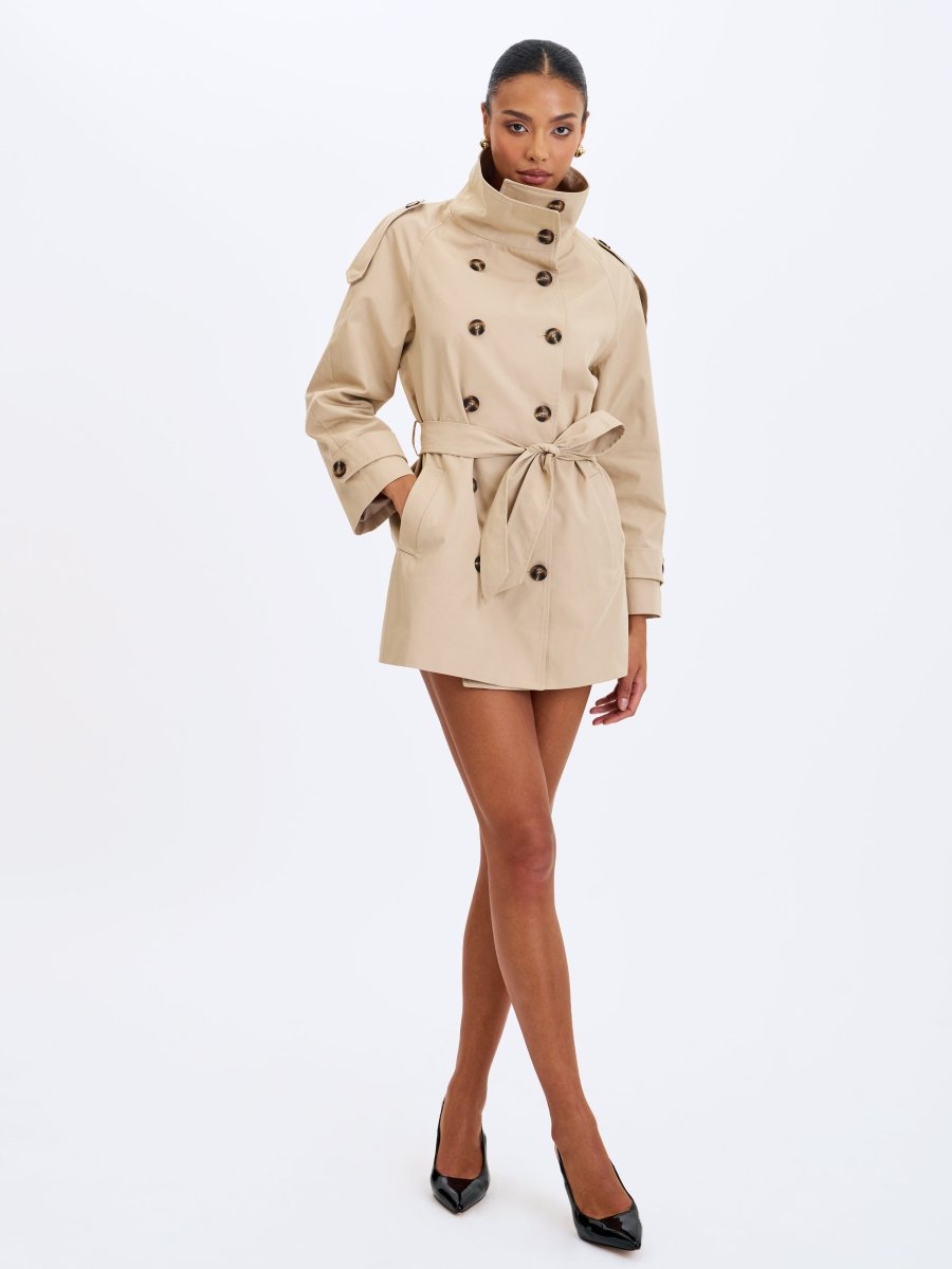 Vanetta Tan High Collar Double - Breasted Trench Mini Coat - HOUSE OF SHE