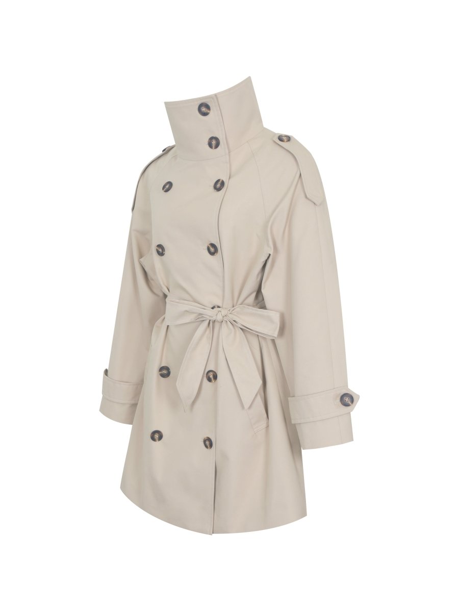 Vanetta Tan High Collar Double - Breasted Trench Mini Coat - HOUSE OF SHE