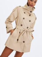 Vanetta Tan High Collar Double - Breasted Trench Mini Coat - HOUSE OF SHE