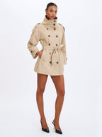 Vanetta Tan High Collar Double - Breasted Trench Mini Coat - HOUSE OF SHE